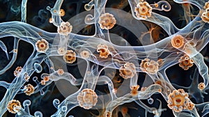 Under the microscope a of fungal hyphae appears like a of intertwined ss coiled around each other in a mesmerizing photo