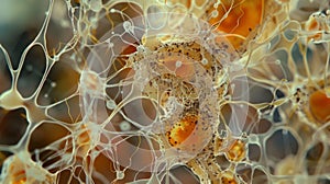 Under a microscope the surface of a rotting fruit reveals a complex system of fuzzy tubelike hyphae responsible for