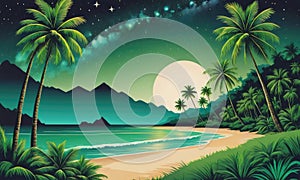 Under the Night Sky: Coastal Coconut Trees, Verdant Lawns, Starlit Beach, and the Galaxy Beyond