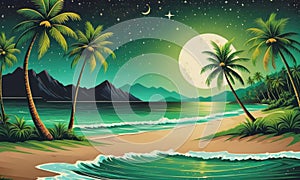 Under the Night Sky: Coastal Coconut Trees, Verdant Lawns, Starlit Beach, and the Galaxy Beyond