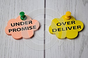 Under Promise or Over Deliver write on sticky notes isolated on Office Desk