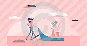 Under the rug vector illustration. Problem postpone flat tiny persons concept