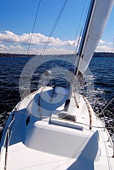 Under sail - starboard tack looking aft from bow