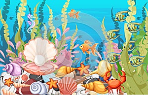 under the sea background Marine Life Landscape - the ocean and underwater world with different inhabitants. For print, crea