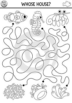 Under the sea black and white maze for kids with clown fish, seahorse, hermit crab and their houses. Ocean line preschool