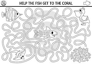 Under the sea black and white maze for kids with shark, pelican, coral, rayfish. Ocean line preschool printable activity. Water