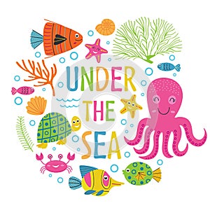 Under the sea card with marine animals photo