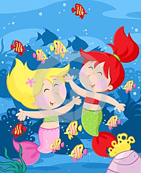 Under the sea - Cute little mermaids and lovely fish