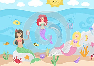 Under the sea cute mermaid vector illustration.