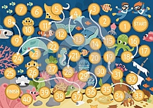 Under the sea dice board game for children with cute animals. Ocean boardgame with fish, wrecked ship. Water adventures printable