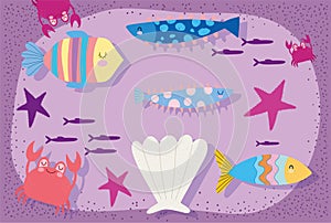 Under the sea, fishes shell starfishes crab wide marine life landscape cartoon