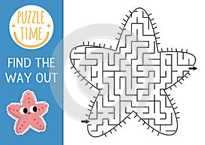 Under the sea geometrical maze for kids. Ocean preschool printable activity. Water starfish shaped labyrinth game or puzzle for