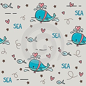 Under the sea life whales and fishes vector seamless pattern