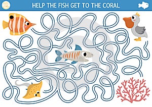 Under the sea maze for kids with shark, pelican, coral, rayfish. Ocean preschool printable activity. Water labyrinth game or