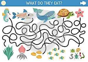 Under the sea maze for kids with turtle, whale, shark, seahorse, starfish. Ocean preschool printable activity with fish and their