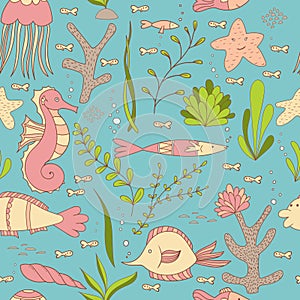 Under The Sea Seamless Pattern WIth Fishes, Seahorses, Shells, Sea stars, Seaweeds and Corals.