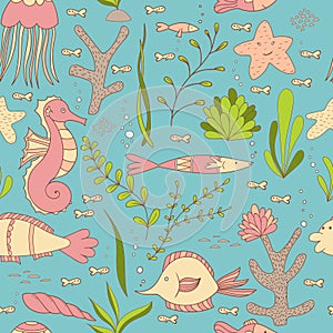 Under The Sea Seamless Pattern WIth Fishes, Seahorses, Shells, Sea stars, Seaweeds and Corals. photo