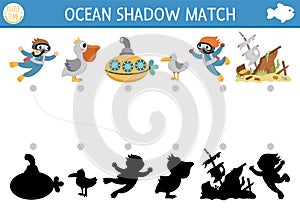 Under the sea shadow matching activity. Ocean puzzle with cute diver, submarine, pelican, wrecked ship, seagull. Find correct