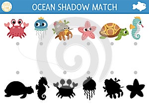 Under the sea shadow matching activity. Ocean puzzle with cute hermit crab, jellyfish, starfish, turtle, seahorse. Find correct