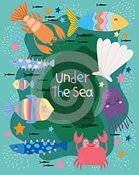 Under the sea, world with different inhabitants wide marine life landscape cartoon