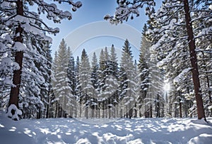 Under the snowy canopy, a pristine pine forest lies in peaceful slumber, its branches laden with the weight of freshly