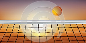 Under the sun, a ball goes over the net of a tennis court