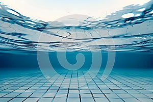 Under the swimming pool in eye level with transparent water and white tiles mosaic