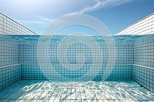 Under the swimming pool in eye level with transparent water and white tiles mosaic