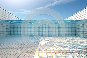 Under the swimming pool in eye level with transparent water and white tiles mosaic