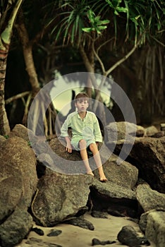 Under a tree on a large rock sits a boy