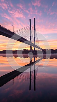 Under the twilight sky, the architectural symmetry of a modern bridge reflects on the water surface, creating a scene of