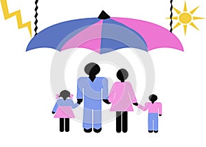 Under an umbrella suspended by ropes to the sky is a family