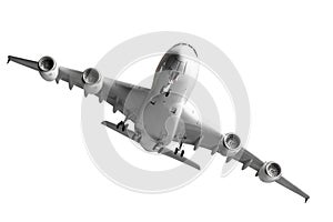Under view of commercial airplane takeoff isolated on white back