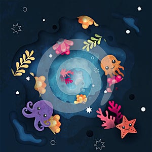 Under water life cute cartoon background