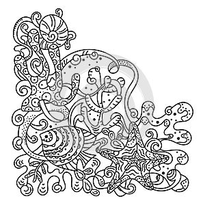 Under water. Marine vector motif . Doodle of the underwater world, sea, ocean, river . Monochrome. Aquariums. Copy the space for