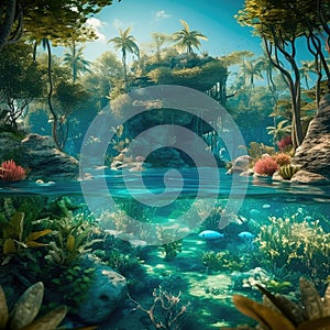 Under the water is a very detailed tide and a coral reef, above the water is a beautiful tropical island with large palm trees.
