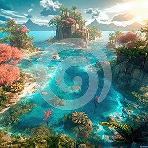 Under the water is a very detailed tide and a coral reef, above the water is a beautiful tropical island with large palm trees.