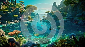 Under the water is a very detailed tide and a coral reef, above the water is a beautiful tropical island with large palm trees.