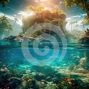 Under the water is a very detailed tide and a coral reef, above the water is a beautiful tropical island with large palm trees.