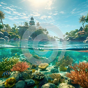 Under the water is a very detailed tide and a coral reef, above the water is a beautiful tropical island with large palm trees.