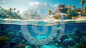 Under the water is a very detailed tide and a coral reef, above the water is a beautiful tropical island with large palm trees.