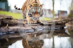 underbelly view of a tiger walking on a log