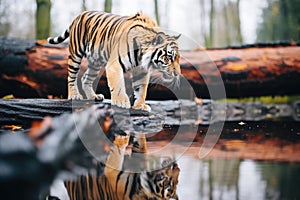 underbelly view of a tiger walking on a log