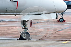 Undercarriage of the aircraft, plane at The airport.