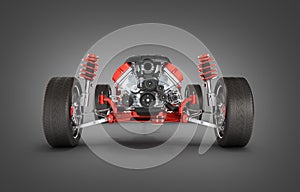 Undercarriage in detail Suspension of the car with wheel and engine  on black gradient background 3d
