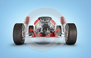 Undercarriage in detail Suspension of the car with wheel and engine on blue gradient background 3d