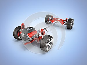 Undercarriage in detail Suspension of the car with wheel and engine  on blue gradient background 3d