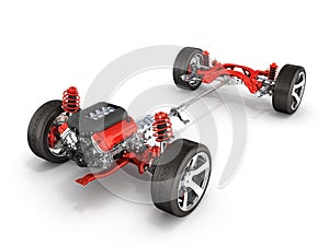 Undercarriage in detail Suspension of the car with wheel and engine isolated on white background 3d