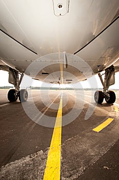 Undercarriage of jetplane, aircraft pictured from below