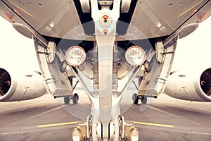Undercarriage of jetplane, aircraft photo